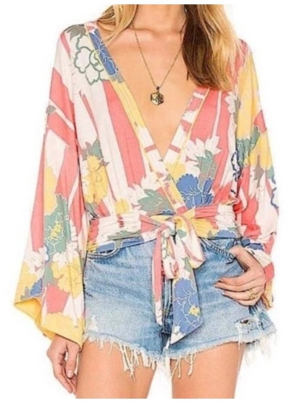 Free People Women's Small That's A Wrap Tie Front Top Multicolor Kimono Sleeve